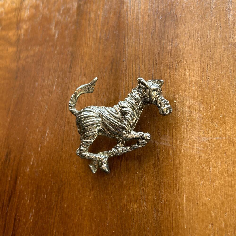 Vintage Running Zebra Brooch | Silver Tone Textured Animal Pin | Rhinestone Eye